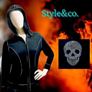 Style&co. Light Weight Front Zip Hoodie with Faux Diamond Sugar Skull